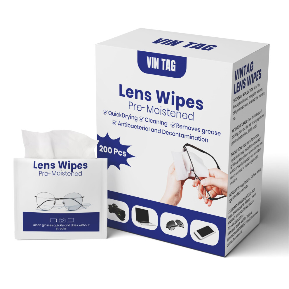 Vin Tag Glasses Wipes 200 Individually Wrapped Screen Wipes, Pre-Moistened Lens Wipes Fo