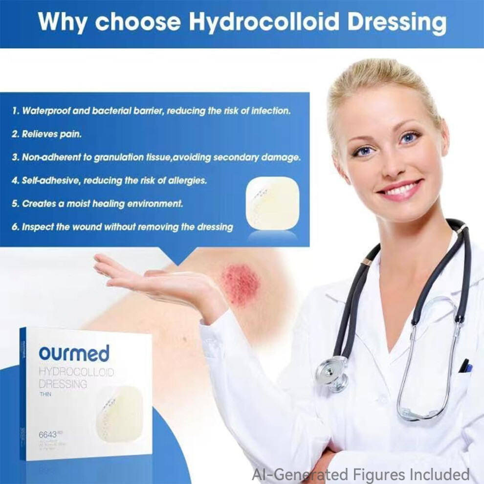 Ourmed Hydrocolloid Dressing 5Cm X 5Cm, Extra Thin Waterproof Wound Plasters, Adhesive Bandages For Light Exudate Wound, Blister, Acne, Superficial W