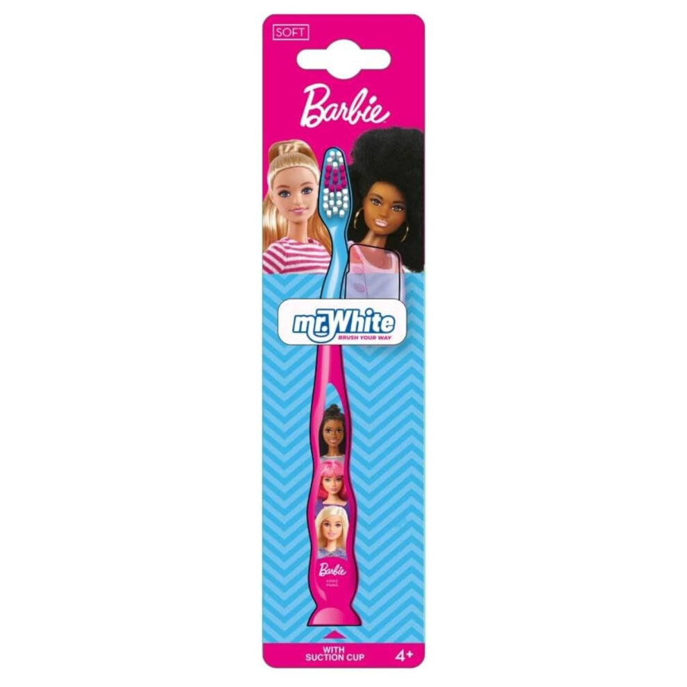Kp Pharma Barbie Little Teeth Whitening Toothbrush For Kids With Protection Cap, Soft Bristles, Non-Slip Handle & Suction Cup For Upright Storage For Children