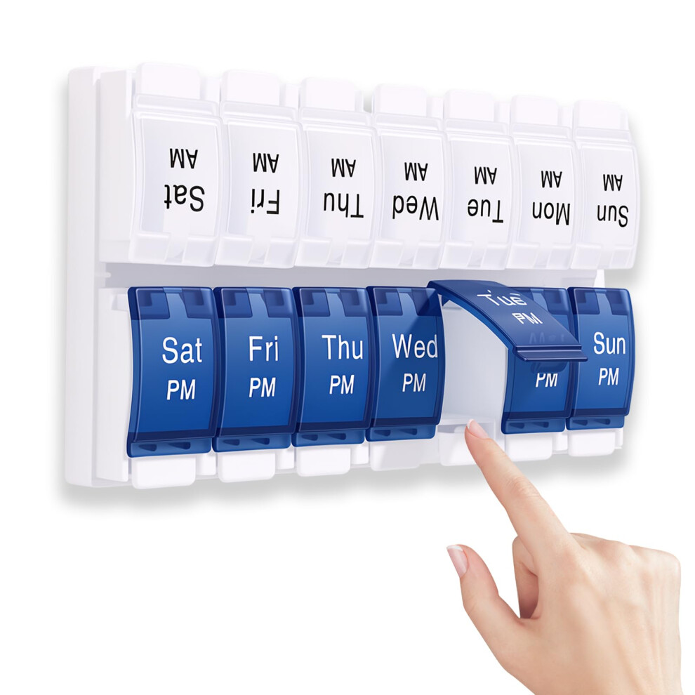 Kuou 7 Day 2 Times Pill Box Organizer, Portable Weekly Tablet Box Organizer With Push Buttons Open Design, Am Pm For Work, Travel, Home