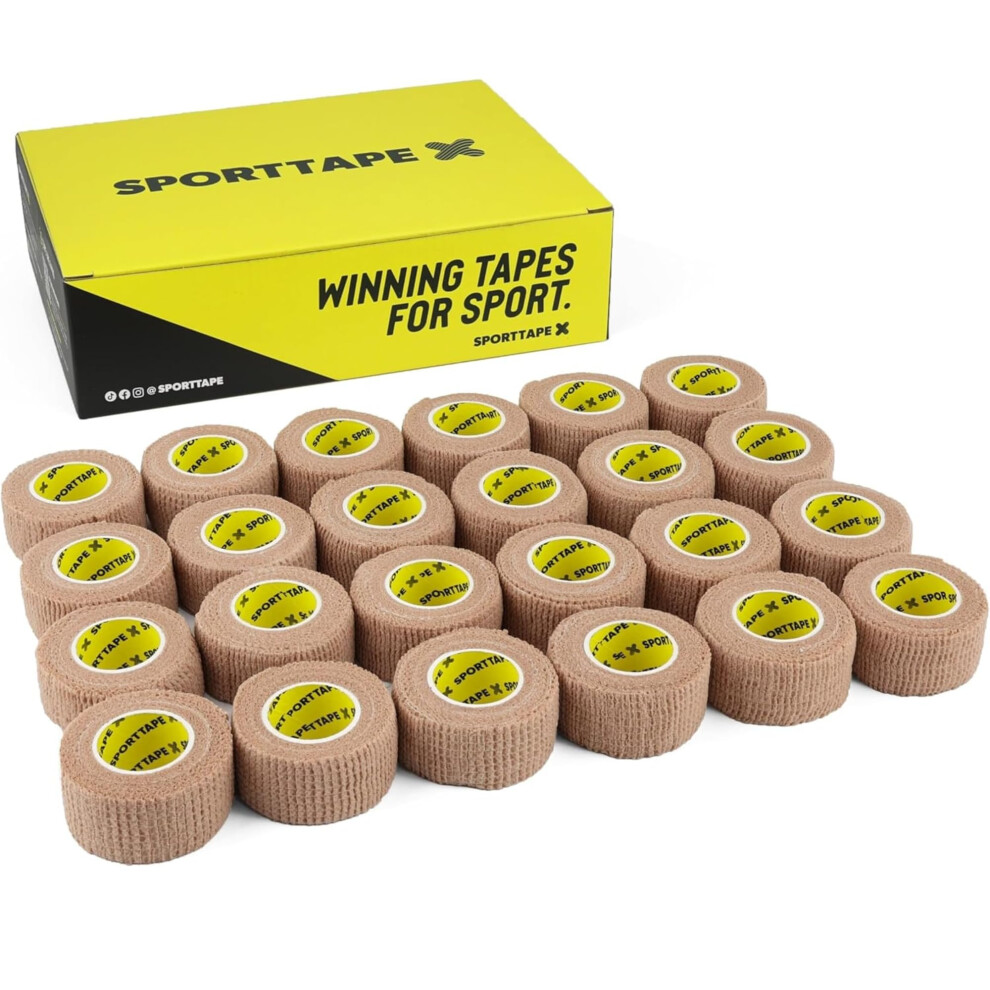 Sporttape 24 Rolls - Cohesive Finger Tape - 2.5Cm X 4.5M | Compression Bandage - Beige - Self-Adhesive Wrap | Vetwrap, Thumb, Toe, Goalkeeper Finger