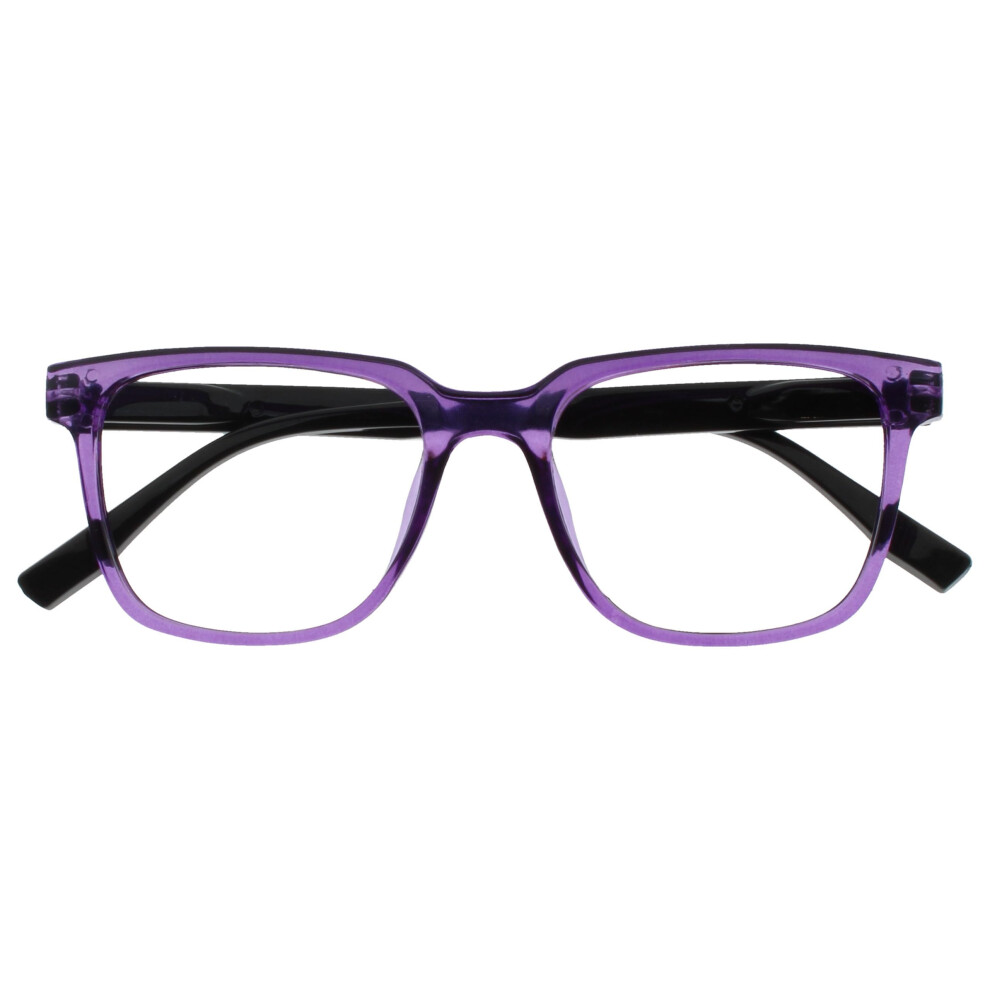 Opulize Leo Reading Glasses - Large Rectangular Frame - Purple - Black Arms - Mens Womens - Spring Hinges - R55-5 - +1.50