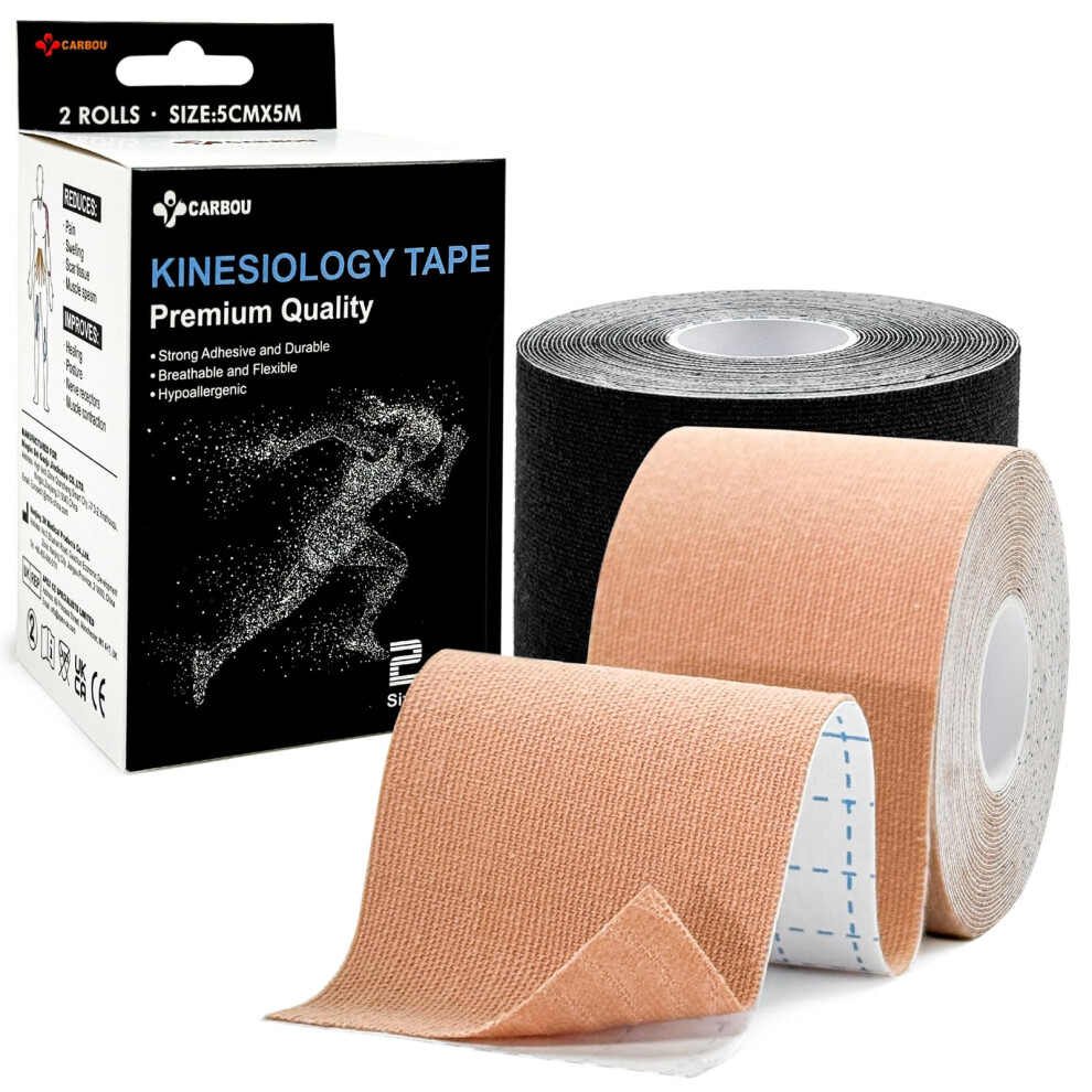Carbou Beige/Black Kinesiology Tape 5Cmx5m-2 Rolls Water Resistant Strips,Elastic Cotton Athletic Tape For Muscle Strain Relief & Joint Support And