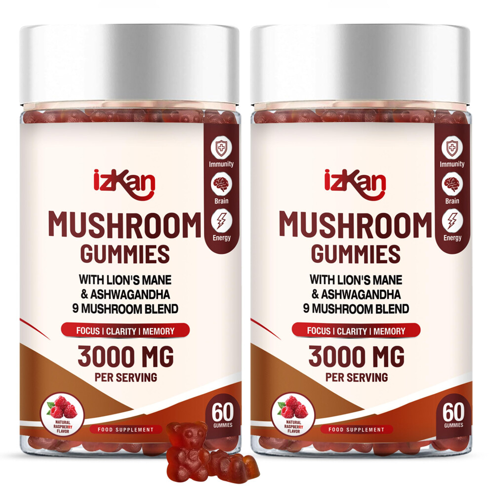 Izkan Mushroom Complex Gummies 3000Mg - Lion Mane & 9 Brain Health Mushrooms Gummies With Ashwagandha Supplement Promotes Calm Focus Memory Mood Immunity &