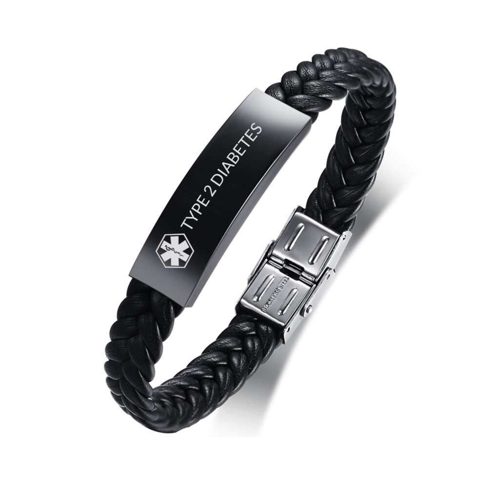 Pj Jewellery Type 2 Diabetes - Black Stainless Steel Braided Leather Medical Alert Bracelet Customise Diabetic Id Bracelet For Men's,Sos Emergency Li