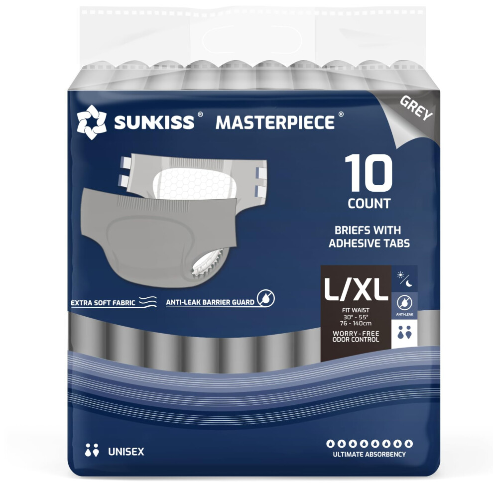 Sunkiss Masterpiece Adult Diapers With Ultimate Absorbency, Unisex Disposable Incontinence Briefs With Tabs For Women And Men, Odor Control, Overnigh