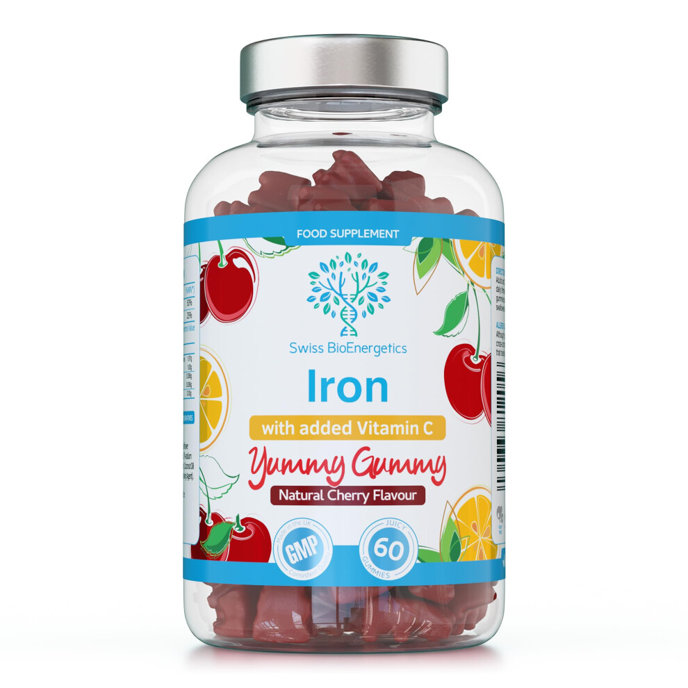 Swiss Bioenergetics Iron Gummies With Added Vitamin C - 60 Natural Cherry Flavour Chewable Yummy Gummies - 2 Month Supply - Efficient Absorption And Gentler Digestion Fo