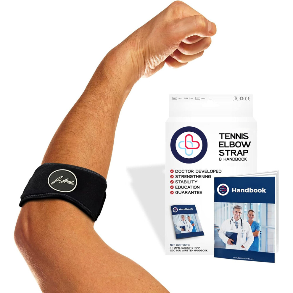 Dr. Arthritis Tennis Elbow Support Strap With Doctor Handbook - Reliable Elbow Support For Men & Women - Adjustable Elbow Brace For Daily Wear, Gym, Sports, Rapid