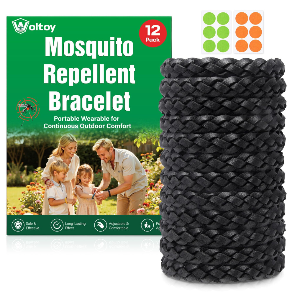 Woltoy Mosquito Repellent Bracelet 12 Pack, Adjustable Leather 350 Hour Protection Insect Repellent Bracelet For All Ages, Camping Essentials, Black