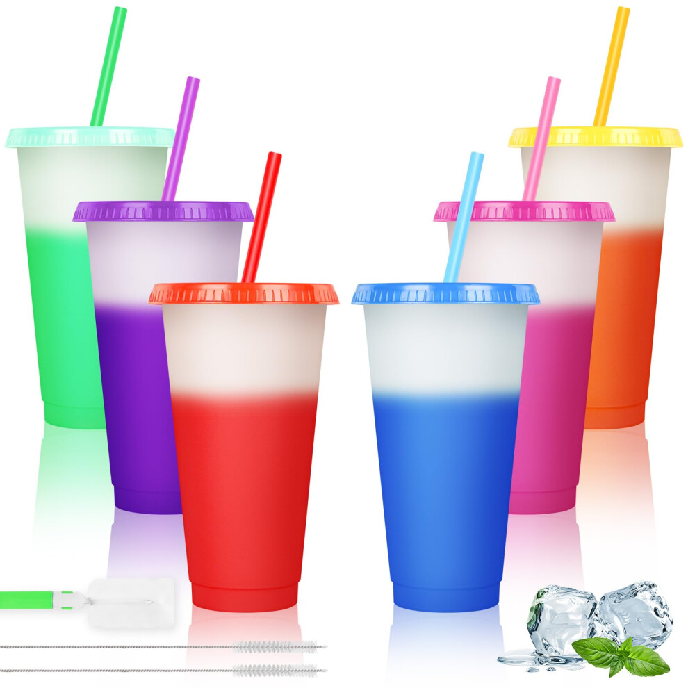 Auauy Reusable Color Changing Cup, 6 Pack Bpa Free Plastic Tumbler Set, 24Oz Travel Iced Coffee Mug Tumbler With Straw Lid, Smoothie Milkshake Bottle