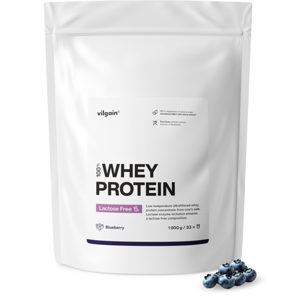 Vilgain Lactose Free Whey Protein Powder Blueberry 1000G | 75% Protein | Low Temp Ultrafiltered Whey Concentrate | Stevia Sweetened | 22G Protein Per
