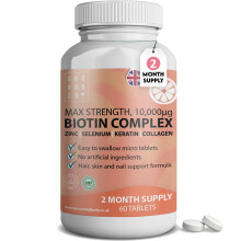 Hair Growth Biotin Complex 10,000mcg with Marine Collagen, Selenium, Keratin & Zinc | x60 Tablets | Hair Growth, Thickness, Strength & Volume | Men &
