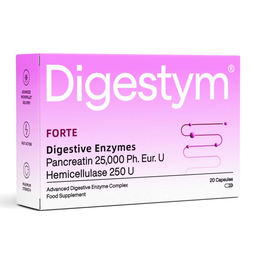 Digestym Forte High-Strength Digestive Enzyme Complex With Pancreatin, Hemicellulase, 20 Capsules Food Supplement