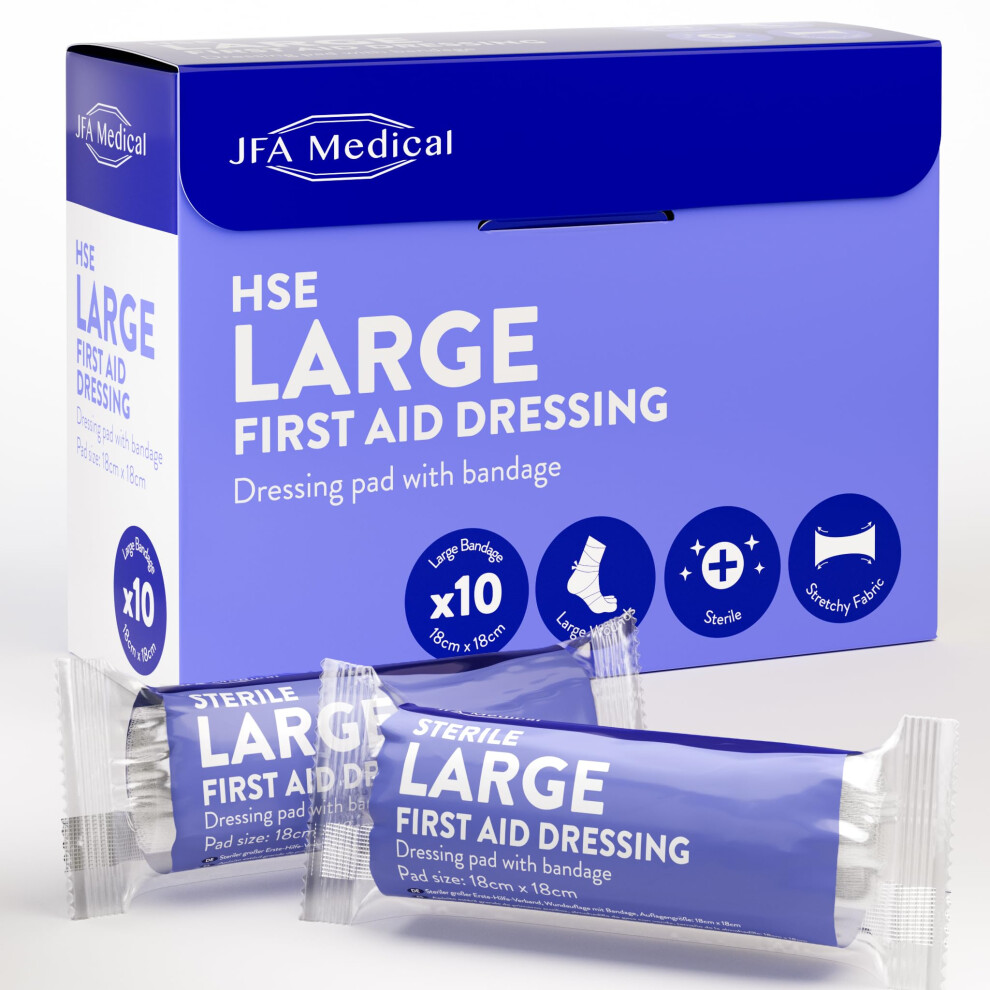 Jfa Medical Hse Large Sterile First Aid Dressing Bandage With Pad 18 X 18Cm - Pack Of 10 Bandages