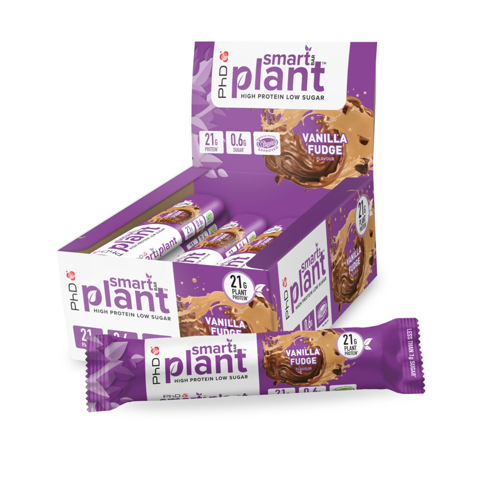 Phd Nutrition Smart Plant Bar Low Calorie, High Protein Low Sugar Vegan Protein Bar/Protein Snacks, Vanilla Fudge Flavour, 20G Of Plant Protein, 64G