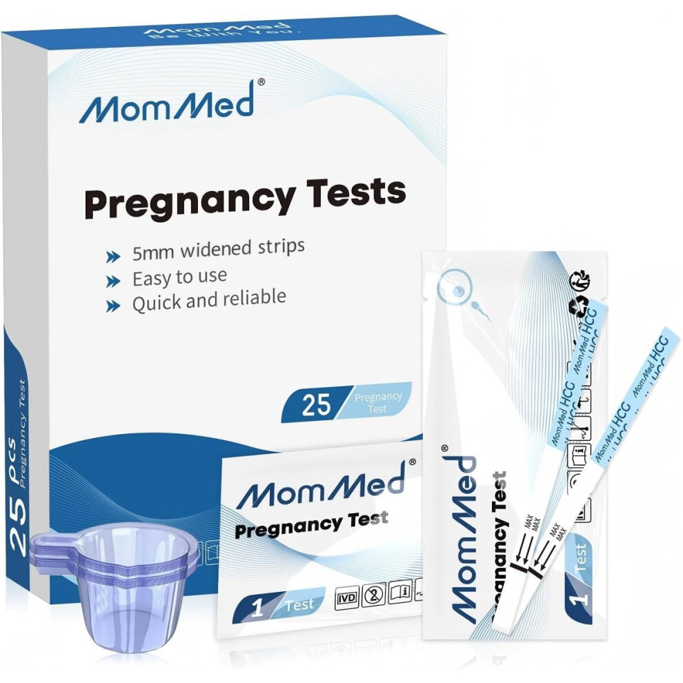 Mommed Pregnancy Tests(25 Miu/Ml), 25 X Pregnancy Test Strips With 25 X Urine Cups, Hcg Test Strips Over 99% Accuracy, Individually Packed, Result As