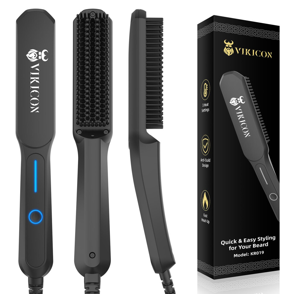 Vikicon Beard Straightener Comb For Men, Professional Beard Hair Straightening Heated Brush W/Anti-Scald, 3 Temperatures & Lcd Display, Portable Ioni