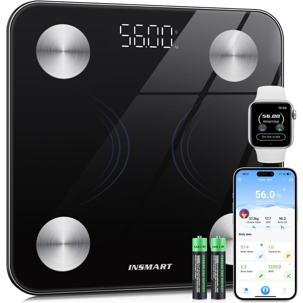 Insmart Bathroom Weighing Scales For Body Weight, Smart Digital Bluetooth Body Fat Scale Machine For Body Composition Analyzer With App For Fitness A
