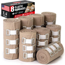 Premium Compression Bandage - 8pk (4x7.5cm + 4x10cm) +24 Extra Clips - Durable Elastic Bandage Wrap - Reusable Elasticated Bandage - Stretches up to