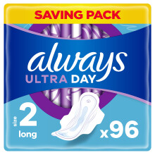 Always Ultra Sanitary Towels, Size 2, Long, Moderate Flow, 96 Pads With Wings (32 x 3 Packs) SAVING PACK, Locks Wetness Leaks & Odours, Thin And Disc