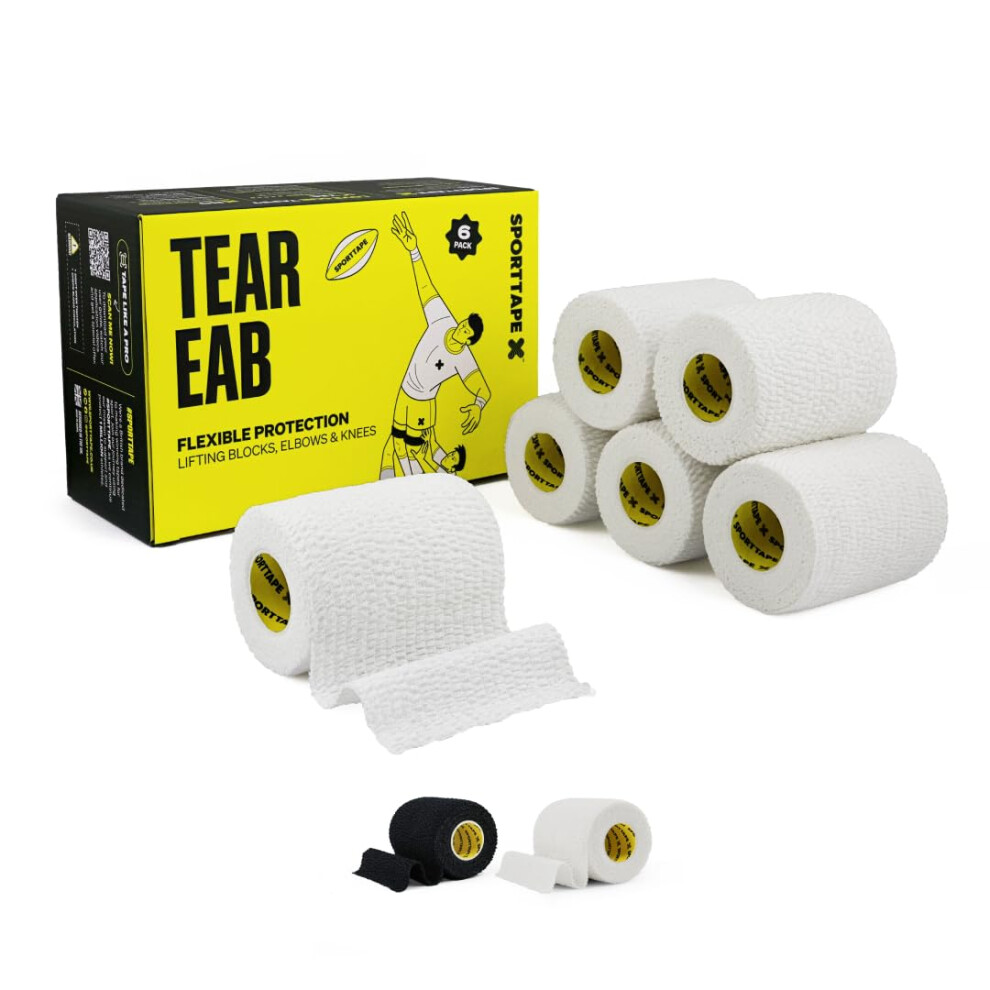 Sporttape 6 Rolls - Eab Tape | 7.5Cm X 4.5M - White - Tearable Elastic Adhesive Bandage | Rugby Lifting, Tear Light Strapping Tape For Medical, Lifti