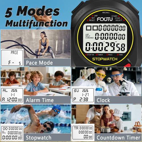 FCXJTU 10 Lap Digital Stopwatch Timer, 10 Split Memory Time & Calendar Alarm, Pace Mode with 3-Row Extra Large Screen Water Resistant Includes Battery 1