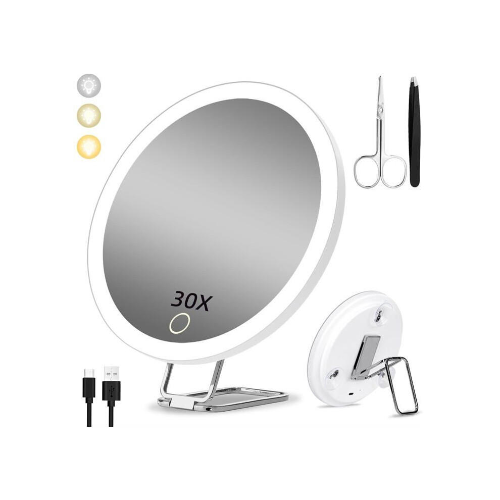 30X Magnifying Mirror - 15cm - 3 Lighting Modes - Suction Cups - 360 Stand