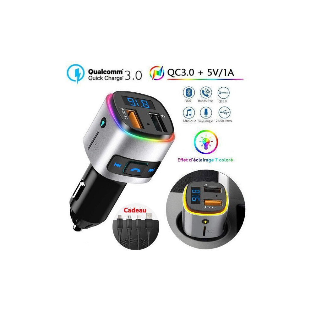 Bluetooth Fm Transmitter, Qc3.0 Fm Hands-Free Transmitter Bluetooth Kit Car Radio Adapter Charger, Colorful Light 6485316068038