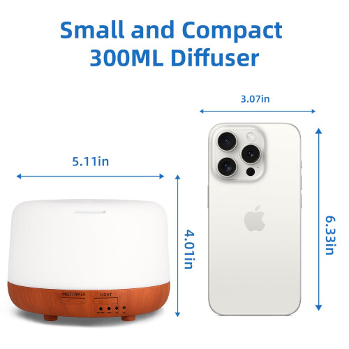 DIFFOFE Essential Oil Diffuser 300ML,Small Room Aromatherapy Diffuser with Remote Control, Quiet 8H Operation, 7-Color LED Light, 4 Timer, for Living 1