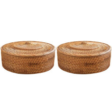 2X Rattan Basket with Lid, Hand-Woven Storage Basket, Lidded Wicker Basket for Organizing, Rattan Box
