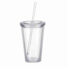 Vaso de plástico transparente de doble pared de 500 ml con tapa y pajita.