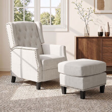 White Chenille Pushback Recliner Chair with Footstool, 135° Reclining Accent Armchair with Nailhead Trim, Wood Frame & Black Painted Legs