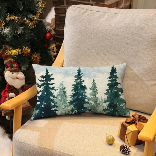 Conjunto de 2 capas de almofada em linho com estampa de floco de neve e árvore, 30x50cm (12x20 polegadas). 1