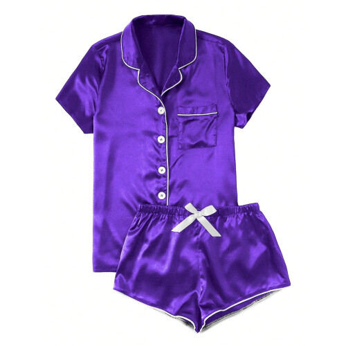 Dame satin pyjamassæt blå lille 1