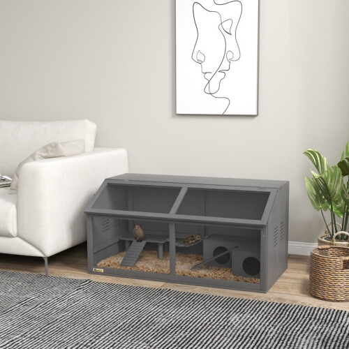 Gaiola de madeira para hamster, 100 cm, com ponte suspensa e escadas, cinza escuro. 1