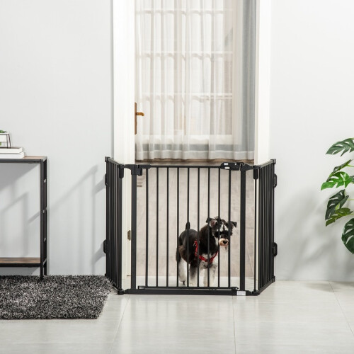Puerta para perros plegable y ajustable con cierre automático, 3 paneles, 202,5 x 76 cm. 1