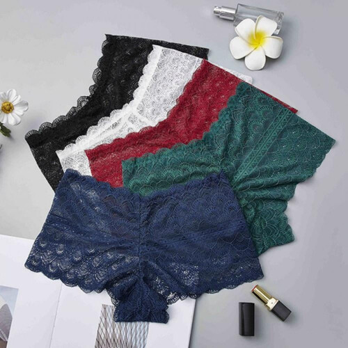 Women's mid-waist lace boxer briefs solid color 1