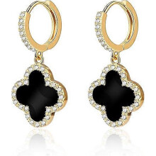 Gold Plated Small Huggie Hoop Earrings with Four Leaf Clover Charms, Dainty Resin Cubic Zirconia Drop Earrings for Women