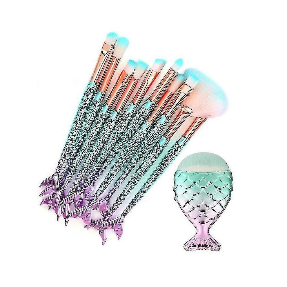 Mermaid Makeup Brush Set, 11 Piece Soft Nylon Bristle Cosmetic Brushes for Foundation, Powder, Cream, Eyebrow and Eyelin