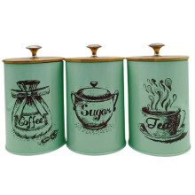 Set di 3 barattoli da cucina in ferro con coperchi per caffè, tè e zucchero, eleganti contenitori bianchi da appoggio.
