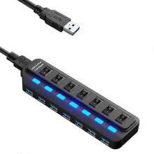 USB 3.0 7 Port Hub Splitter, One to Seven Extender with Independent Power Switches for Laptop and PC