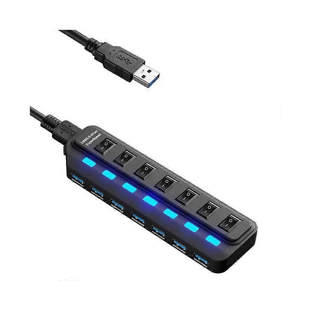 Usb 3.0 7 Port Hub Splitter, One To Seven Extender With Independent Power Switches For Laptop And Pc 6485316057889