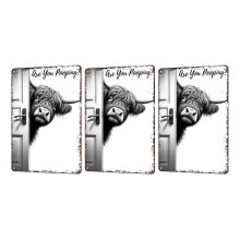 Vintage Highland Cow Aluminum Sign, Funny Bathroom Wall Decor, Black and White Western Farmhouse Wall Art for Cow Lovers