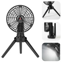 Draagbare bureauventilator met statief en verlichting, USB-oplaadbare luchtkoeler voor buitenactiviteiten zoals kamperen, reizen, tent,
