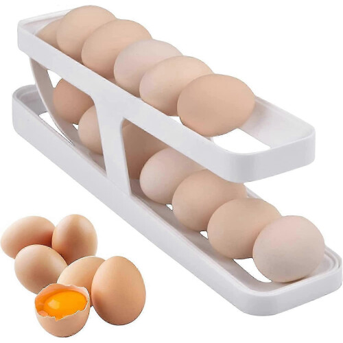 Egg Holder for Fridge, Automatic Rolling Egg Storage Organizer Holds 12 to 14 Eggs, Clear Plastic