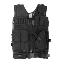 Gilet tactique militaire robuste avec porte-holster, porte-plaques noir ajustable pour l'entraînement en extérieur