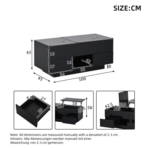 High Gloss LED Lift-Top Coffee Table, 2 Drawers 1