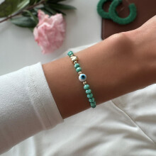 Handmade Turquoise Beaded Bracelet with Evil Eye Charm Adjustable Fit