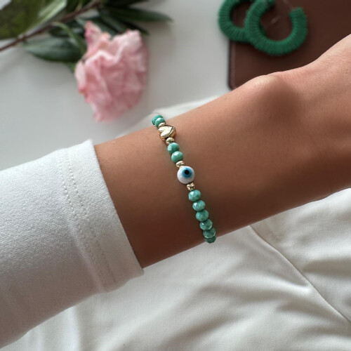 Handmade Turquoise Beaded Bracelet with Evil Eye Charm Adjustable Fit