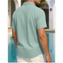 Men'S Textured Crinkle Fabric Short Sleeve Button Down Casual Shirt with Pocket Green XXL